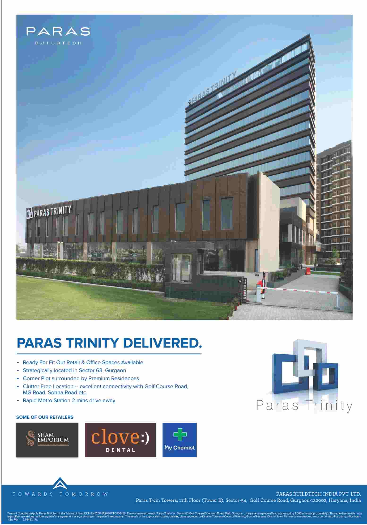 Ready for fit-out retail and office spaces available at Paras Trinity in Gurgaon